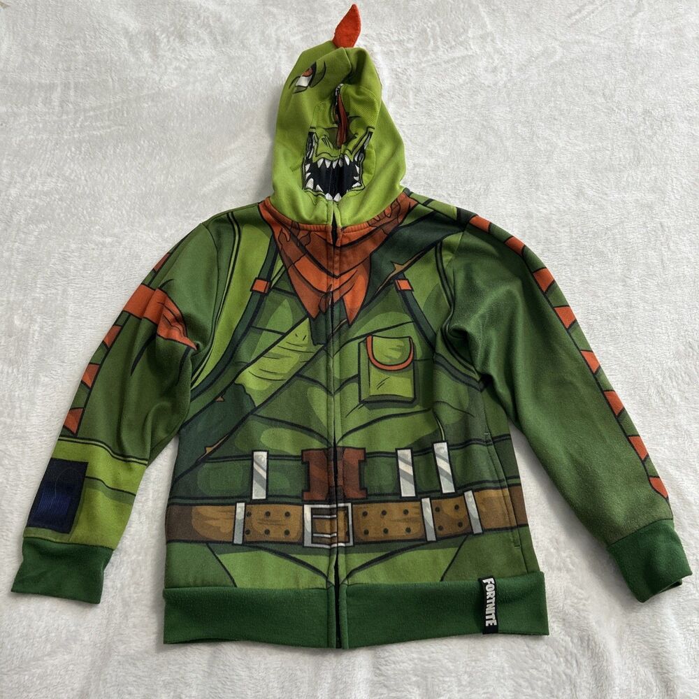 Boys' Fortnite Rex Costume Fleece Zip Up Sweatshirt Size Medium Green/Orange